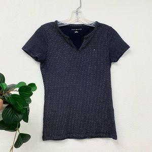 Tommy Hilfiger Y2K Style Navy Polka Dot V Neck Shirt